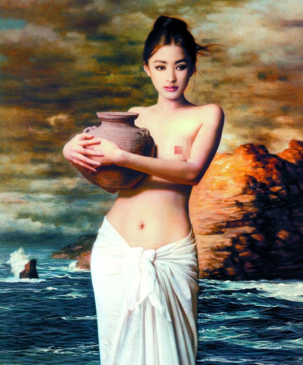 油画裸女与鹅