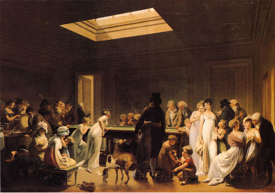 《桌球》路易斯・利奥波德・布瓦伊  法国画家  1807年作。圣彼得堡 艾尔米塔什博物馆藏。在这幅画中，布瓦伊以极熟练的笔法与色彩，描绘了市民阶层的生活与风貌。在一个桌球俱乐部里，数十人集中在一起，打球，聊天，玩耍。其场景被画家处理得井井有条，人物刻画体现出新古典主义画风的完整细致。色彩严谨，素描一丝不苟，成为一幅古典风味极浓的风俗画。