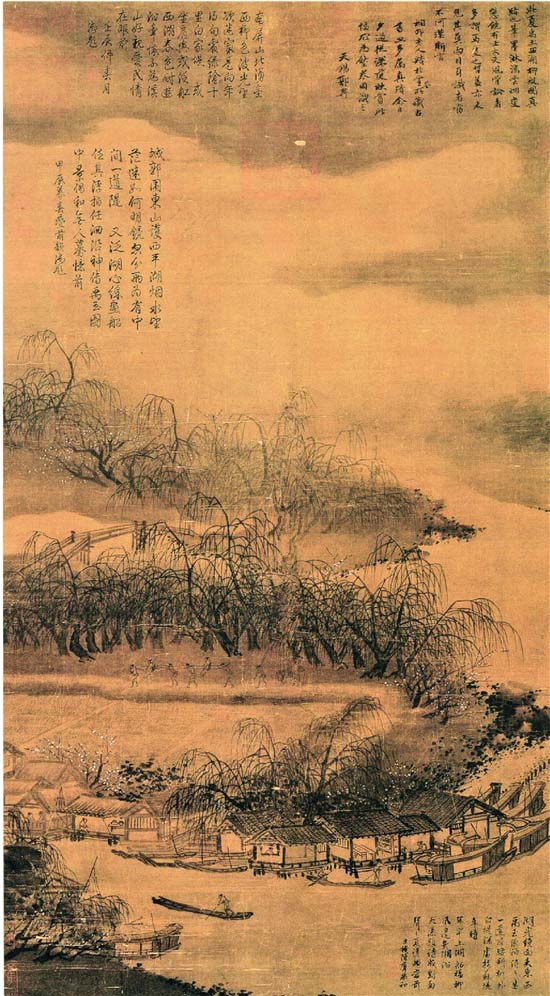 宋夏禹玉西湖柳艇图右上角有郭畀题跋