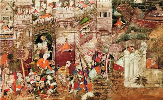 年轻阿卡巴城堡外行军图 水彩、纸 莫卧儿派细密画 公元16世纪（藏于加尔各答印度博物馆）