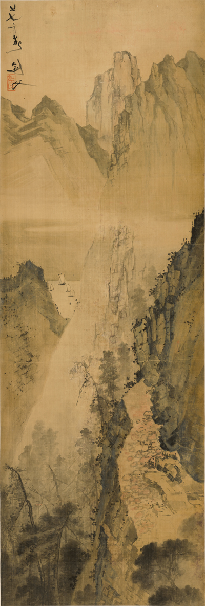 高劍父《青峰帆影》1938年 絹本設色134.5cm×45.5cm 廣州藝術博物院藏