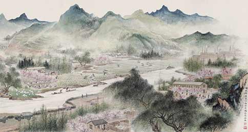 《山村春濃》胡佩衡、吳鏡汀、周元亮、白雪石 63×131cm