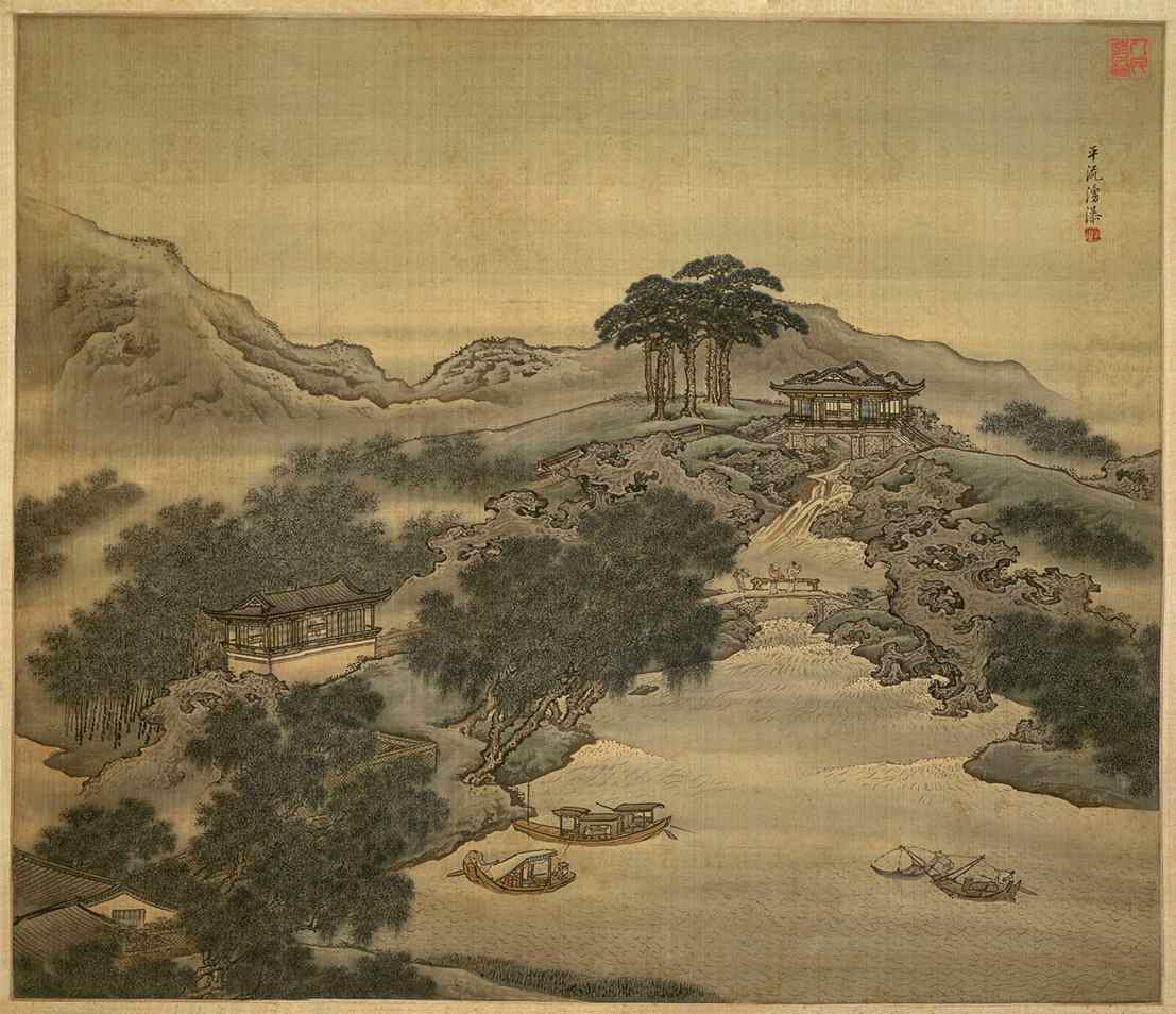 山水四条屏-平流涌瀑