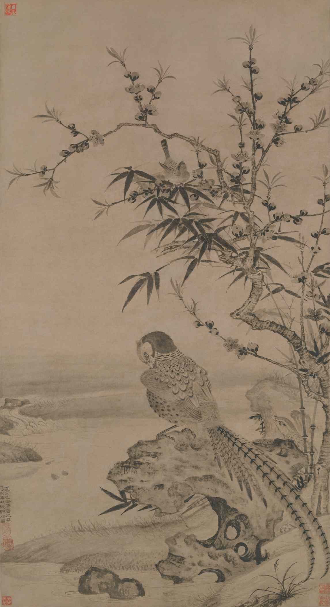《桃竹锦鸡图-王渊》仿制画